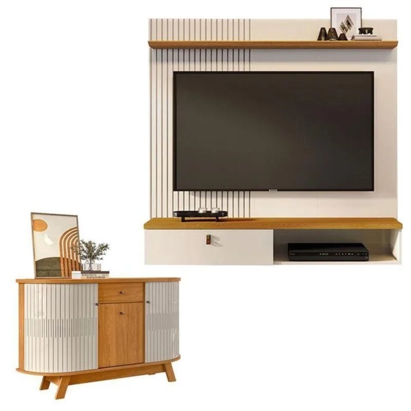Estante Home Theater Suspenso íris Com Aparador Para Sala Buffet Monza Cinamomo Off White - Madetec - madetec moveis - Móveis