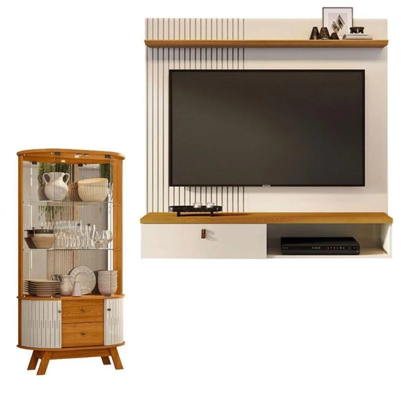 Estante Home Theater Suspenso íris Com Cristaleira Moss Cinamomo Off White – Madetec - madetec moveis