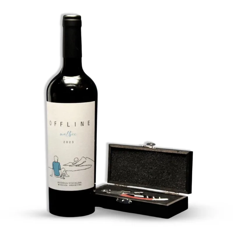 Kit Vinho Offline Malbec e Saca-rolhas Premium Com Caixa Luxo Para Presente Laguiole