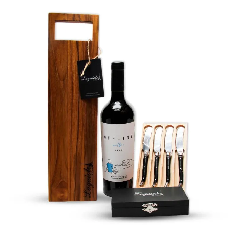 Kit Vinho Malbec Vistalba, Saca-rolhas, Tábua E Facas Para Manteiga De Luxo Laguiole