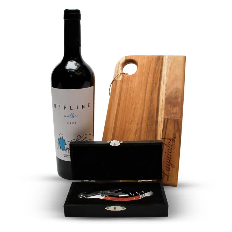 Kit Vinho Offline Malbec, Saca-rolhas Com Caixa E Tábua De Aperitivo Laguiole