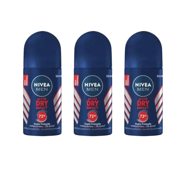 Desodorante Roll-On Nivea 50Ml Masc Dry Impact - Kit C/3Un