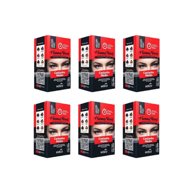 Henna Sobrancelhas Niraj 2G Castanho Medio - Kit Com 6Un