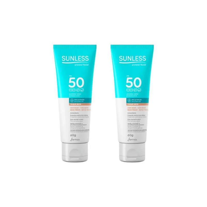 Protetor Solar Sunless Facial F50 Base Medio 60G - Kit C/2Un