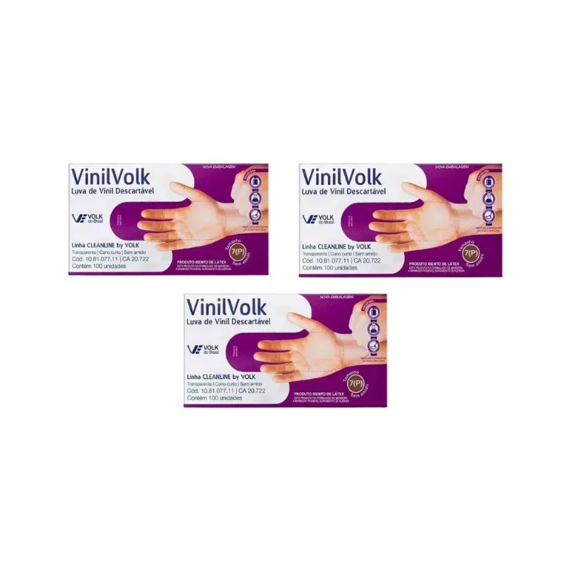 Luvas Vinil Volk Com 100un Pequena Sem Amido - Kit C/3un