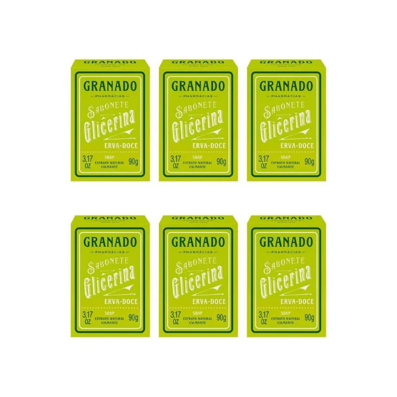 Sabonete Glicerina Erva-Doce 6x90g Granado Hidratação Suave Vegano Todos os Tipos de Pele Sabonete Granado 90G Glicerina Erva Doce-Kit C/6Un