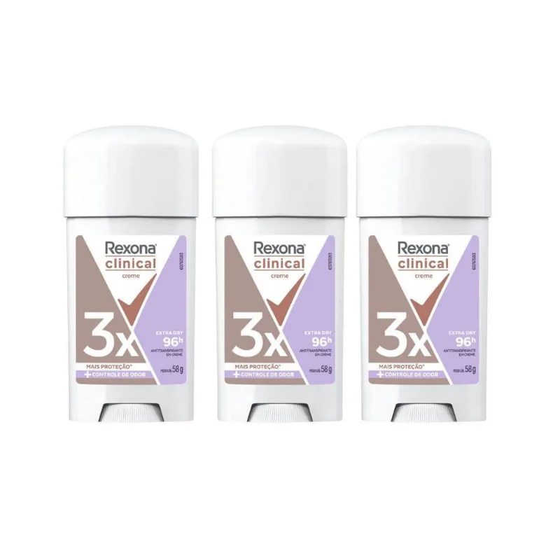 Desodorante Creme Clinical Extra Dry 58g Rexona Kit 3un Feminino Antitranspirante Desodorante Rexona Creme Clinical 58G Fem Extra Dry Kit 3Un
