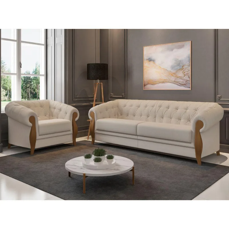 Conjunto Sofá 3 Lugares e Poltrona Pugle Fixo 244CM Bege Bouclé Sallar