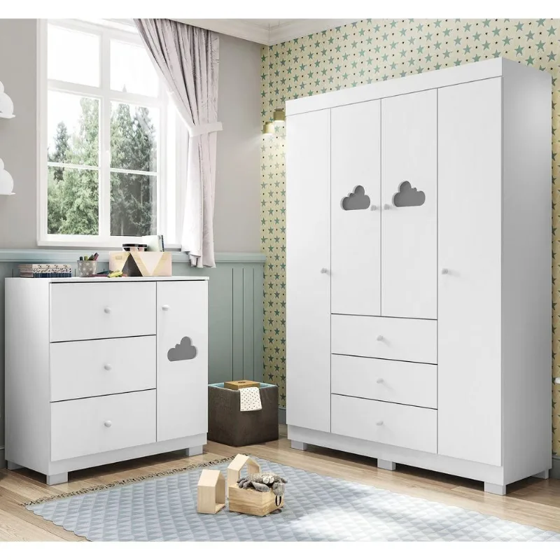 Conjunto Infantil Duda 4 Portas 3 Gavetas MDF Brilhante Branco Sallar Home