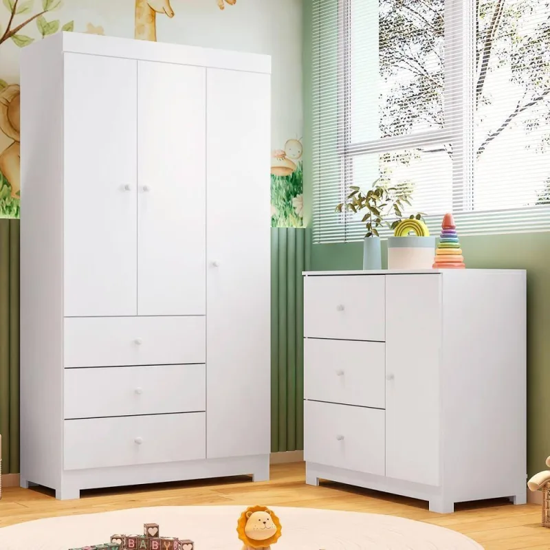 Conjunto Infantil Guarda Roupa Ceci 3 Portas Giratórias e Cômoda 3 Gavetas MDF Branco Sallar Home - OUTRAS MARCAS