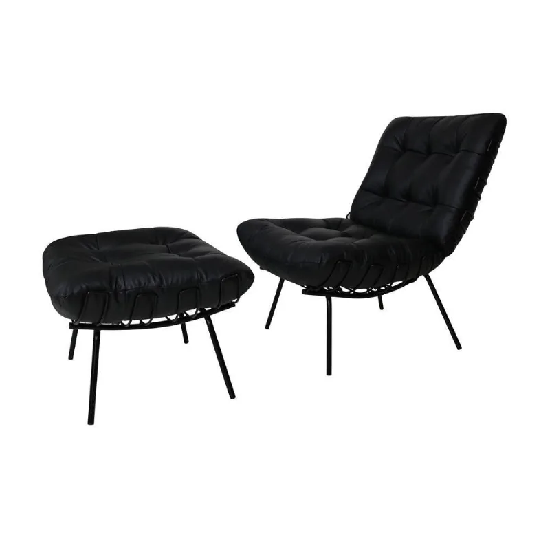Poltrona com Puff Laura Decorativa em Couro com Almofadas Soltas Preto Sallar Home