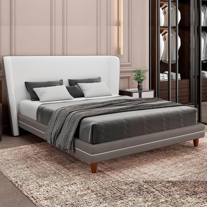 Cama Japonesa Queen Corea com Cabeceira Courino Cinza e Bouclê Suave Off White Sallar Home - OUTRAS MARCAS - Móveis