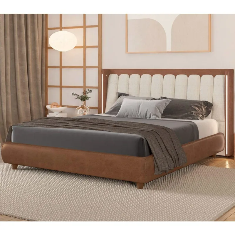 Cama Japonesa King Seo-yeon com Cabeceira em Led Madeira Eucalipto Courino Caramelo e Linho Off - OUTRAS MARCAS