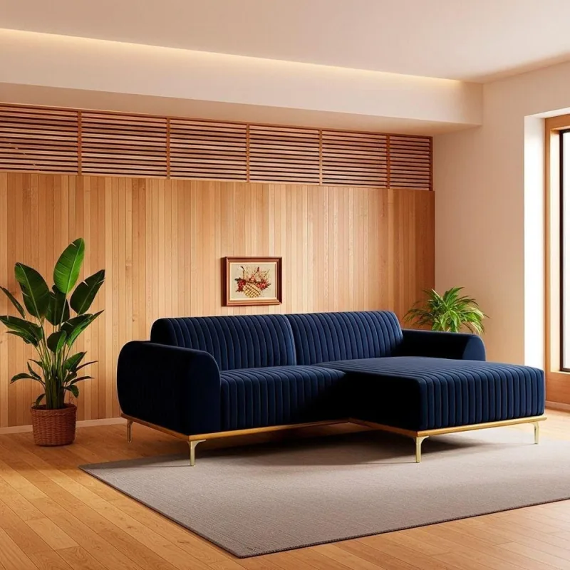 Sofá com Chaise Cocie 3 Lugares Reclinável 230CM Azul Marinho SAL Movelaria - OUTRAS - Móveis