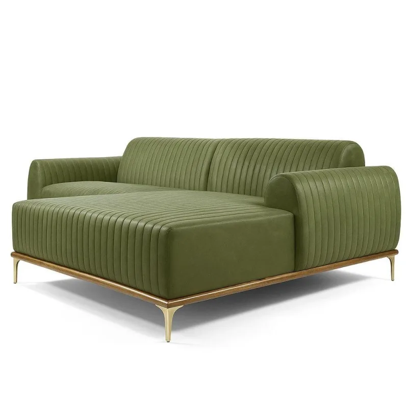 Sofá com Chaise Cocie 3L Fixo 230CM Verde Courino SAL Movelaria - OUTRAS - Móveis