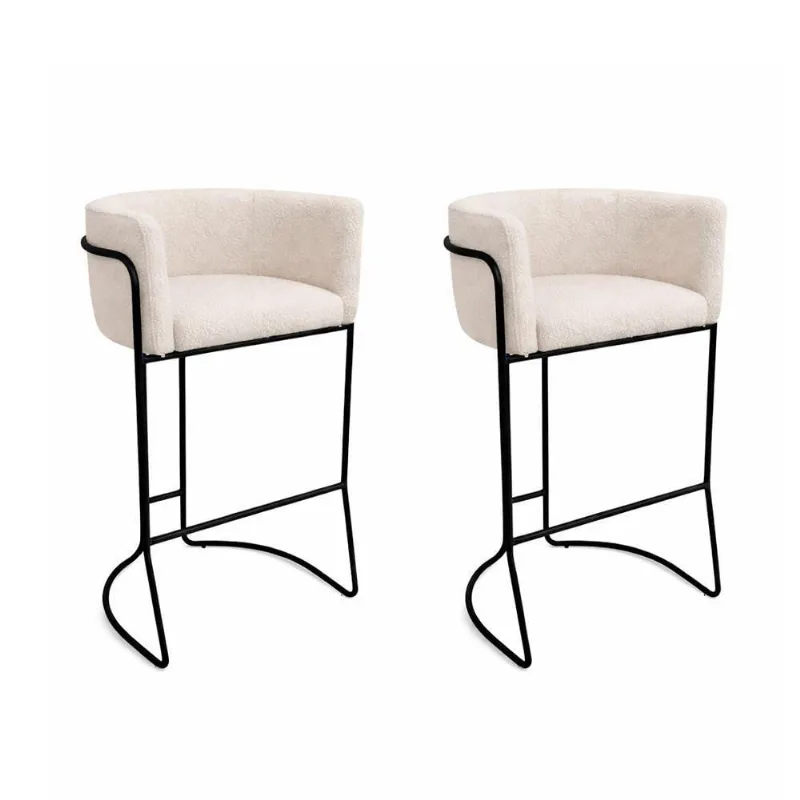Kit 2 Banquetas Alta Mono Assento Bouclé Base Aço Encosto Fixo 74cm Off White e Preto Sallar Home