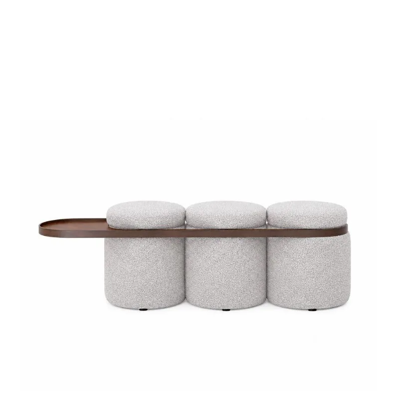 Puff Linen 3 Lugares Redondo Espuma Fibra Sintética Cinza com Mesa Auxiliar Casa do Puff