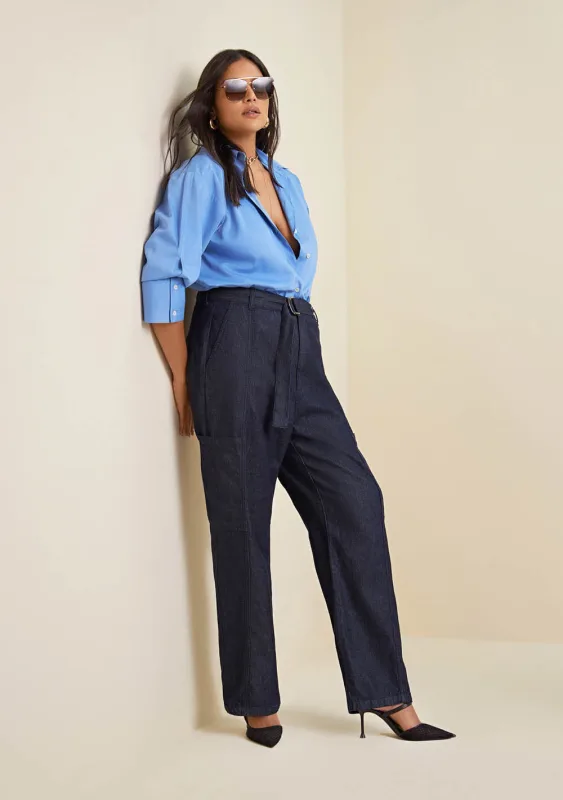 Calça Morena Rosa Reta Cós Alto Com Cinto Jeans - Morena Rosa