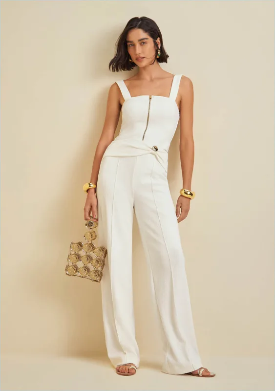 Calça Morena Rosa Reta Cós Alto Detalhe Cós Off White - Morena Rosa