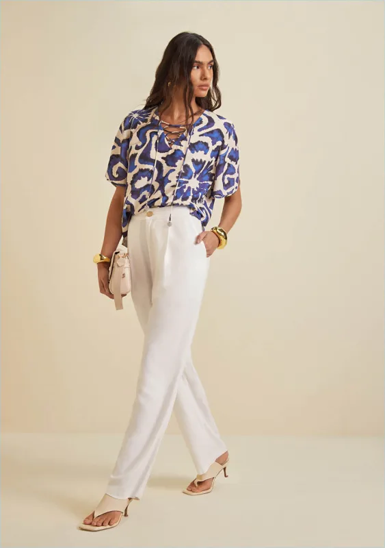Calça Morena Rosa Reta Cós Alto Detalhe Bolso Off White - Morena Rosa