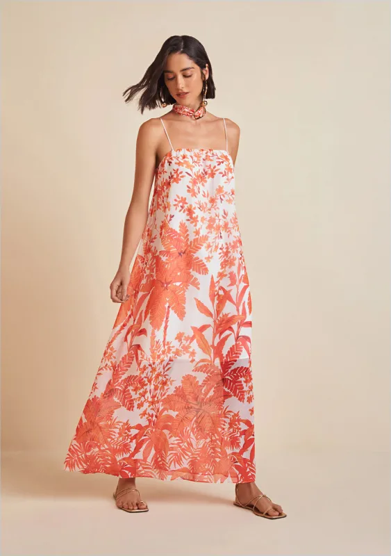 Vestido Morena Rosa Longo Decote Reto Estampa Localizada Laranja - Morena Rosa