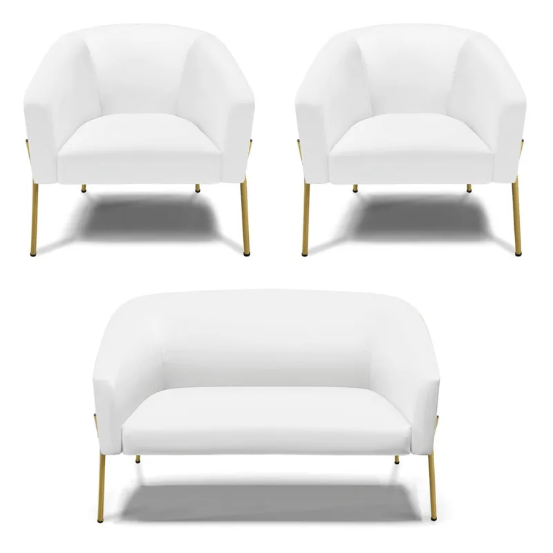 Namoradeira e 2 Poltronas Pé de Ferro Dourado Stella Sintético Branco D03 - D'Rossi