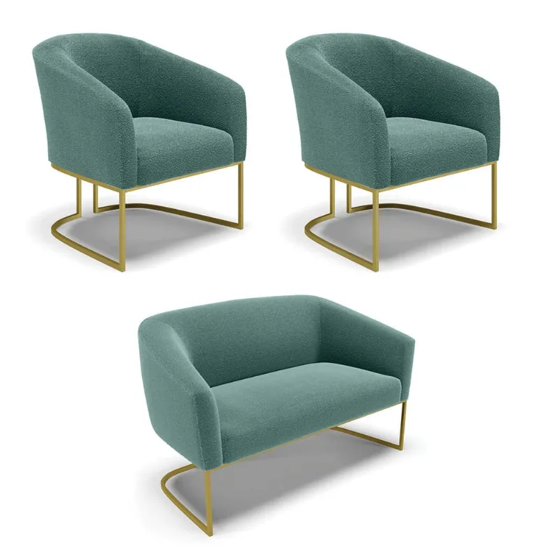 Namoradeira e 2 Poltronas Industrial Dourado Stella Bouclê D03 - D'Rossi Verde Menta