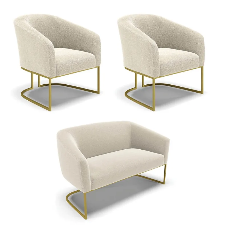 Namoradeira e 2 Poltronas Industrial Dourado Stella Bouclê D03 - D'Rossi Bege