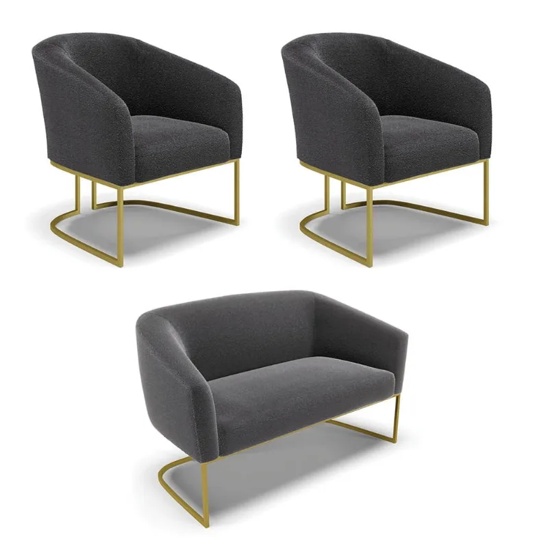 Namoradeira e 2 Poltronas Industrial Dourado Stella Bouclê D03 - D'Rossi Grafite