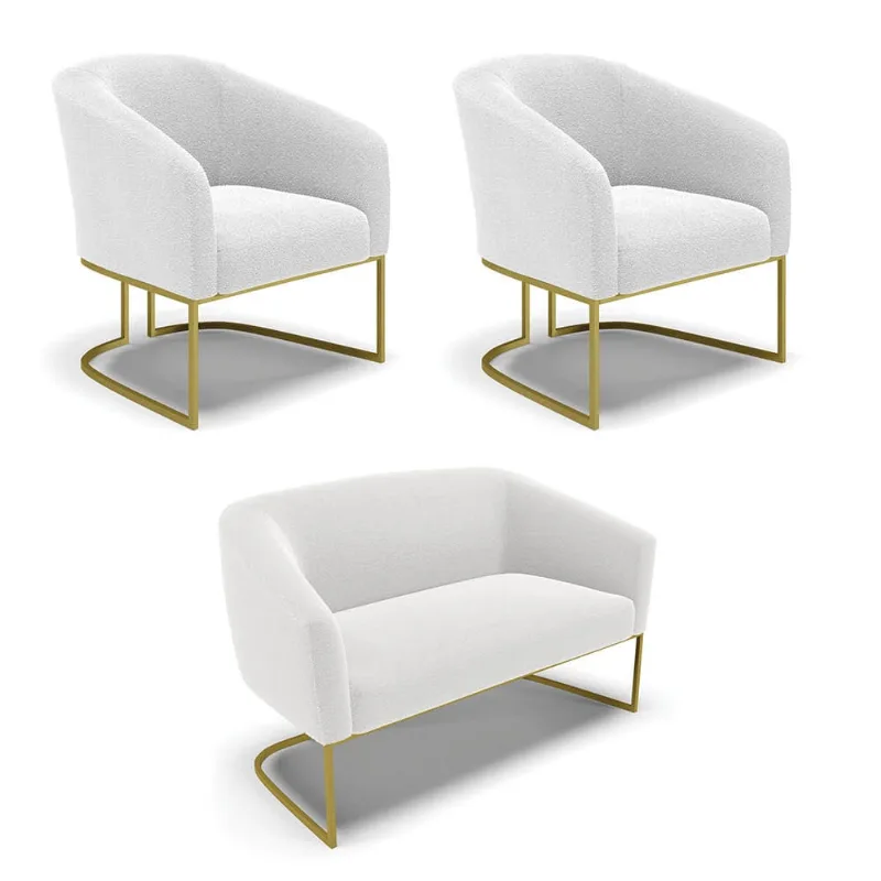 Namoradeira e 2 Poltronas Industrial Dourado Stella Bouclê D03 - D'Rossi Off White