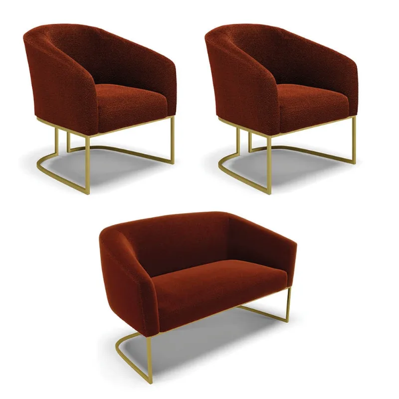 Namoradeira e 2 Poltronas Industrial Dourado Stella Bouclê D03 - D'Rossi Terra