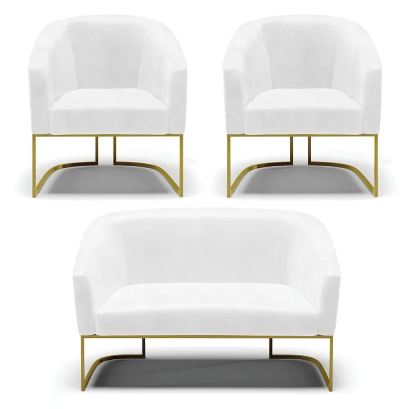 Namoradeira e 2 Poltronas Industrial Dourado Stella Sintético PU D03 - D'Rossi Branco
