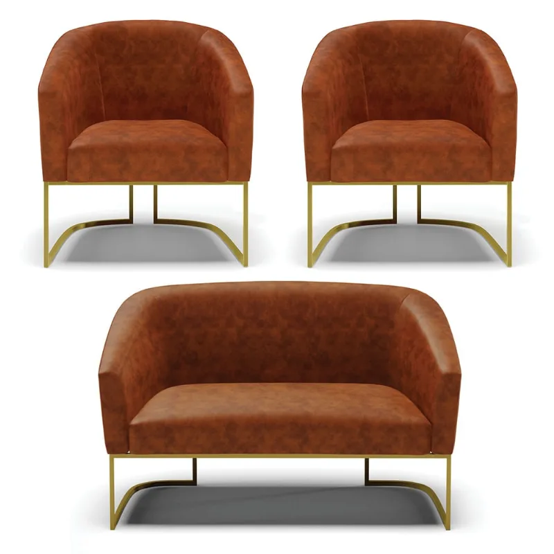 Namoradeira e 2 Poltronas Industrial Dourado Stella Sintético PU D03 - D'Rossi Nozes