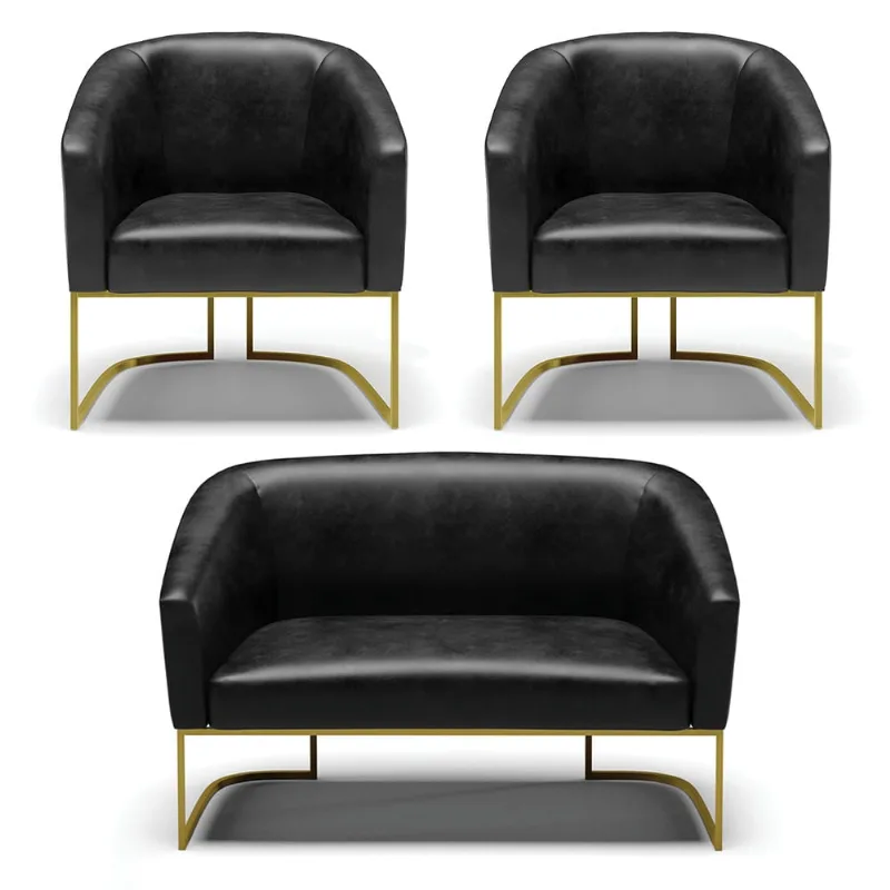 Namoradeira e 2 Poltronas Industrial Dourado Stella Sintético PU D03 - D'Rossi Preto