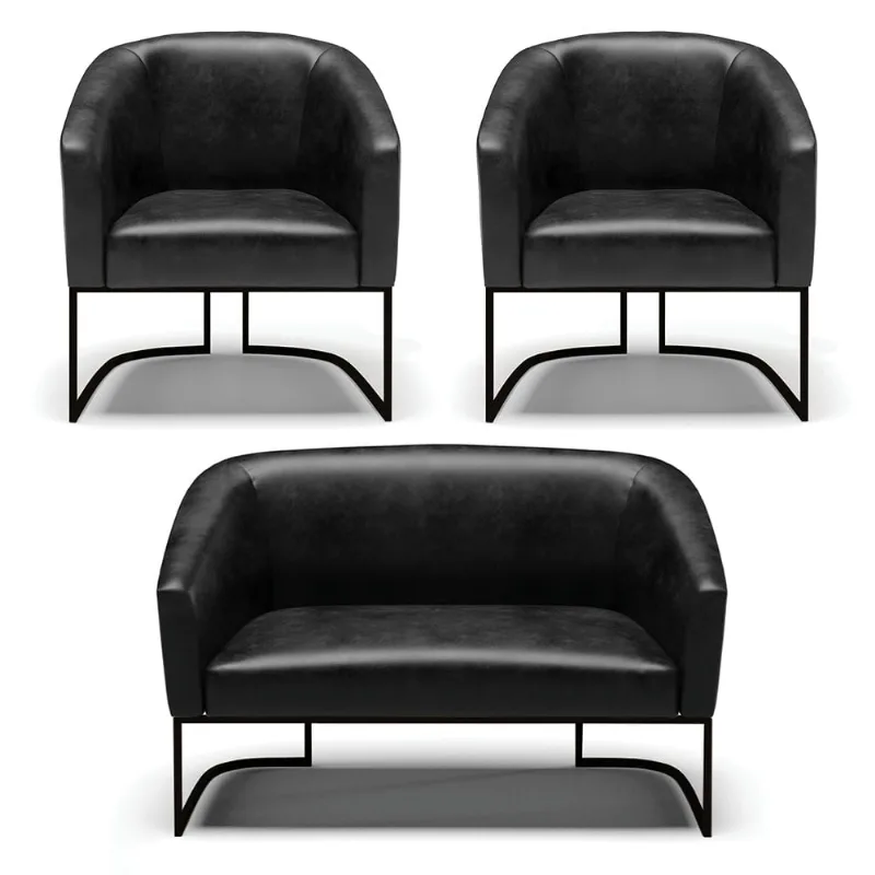Namoradeira e 2 Poltronas Industrial Preto Stella Sintético PU D03 - D'Rossi Preto