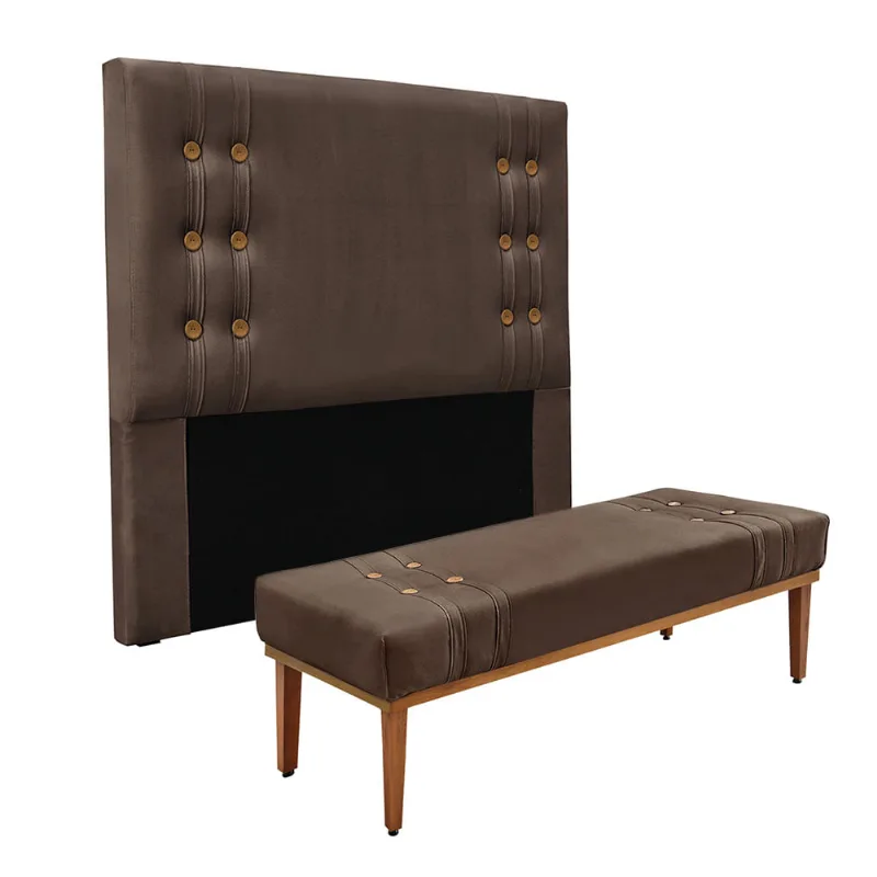 Cabeceira Cama Box Solteiro 90cm e Recamier Gênova Veludo Marrom S04 - D'Rossi