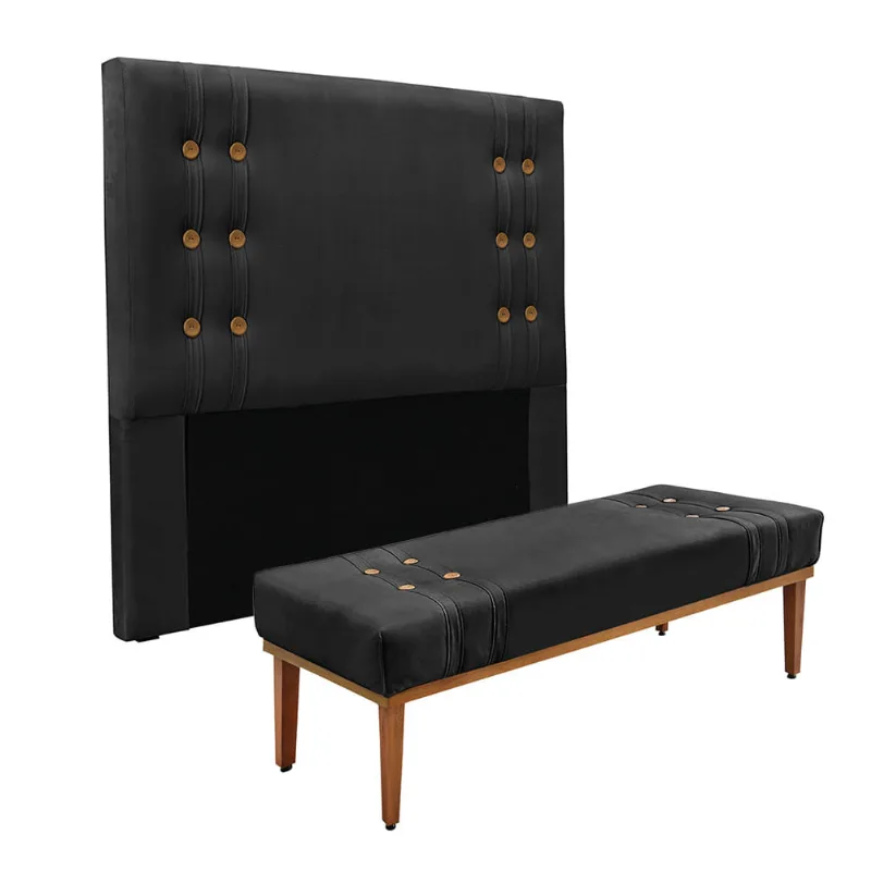 Cabeceira Cama Box Solteiro 90cm e Recamier Gênova Veludo Preto S04 - D'Rossi