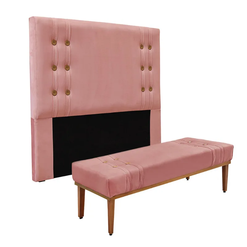 Cabeceira Cama Box Solteiro 90cm e Recamier Gênova Veludo Rosa S04 - D'Rossi