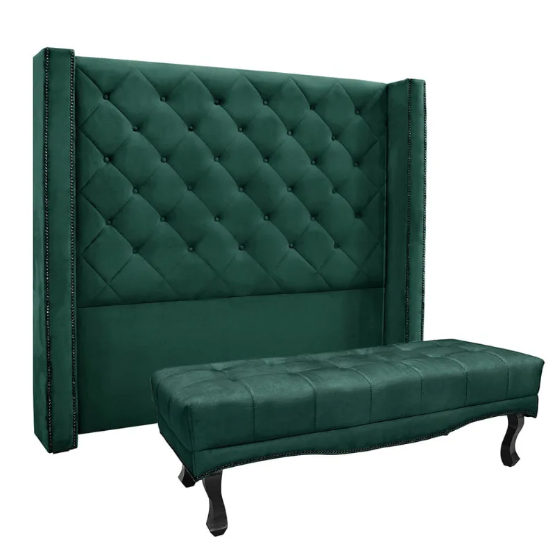 Cabeceira Cama Box Solteiro 90cm e Recamier Vicenza Veludo Verde S04 - D'Rossi