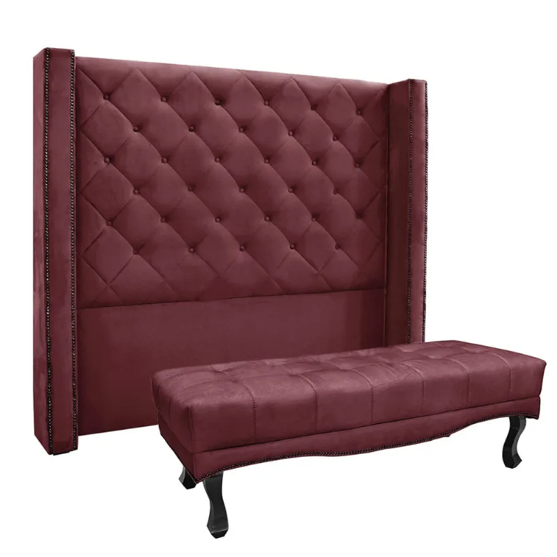 Cabeceira Cama Box Solteiro 90cm e Recamier Vicenza Veludo Vinho S04 - D'Rossi