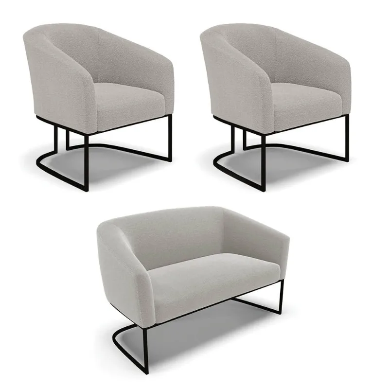Namoradeira e 2 Poltronas Industrial Preto Stella Bouclê Cinza D03 - D'Rossi