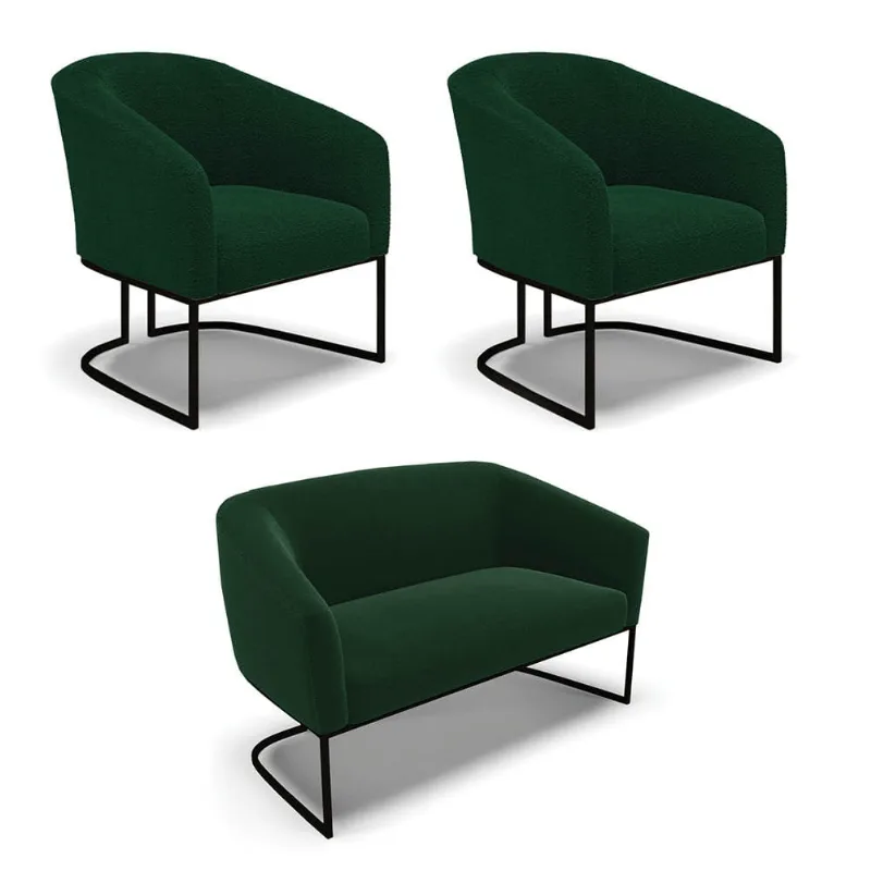 Namoradeira e 2 Poltronas Industrial Preto Stella Bouclê Verde D03 - D'Rossi