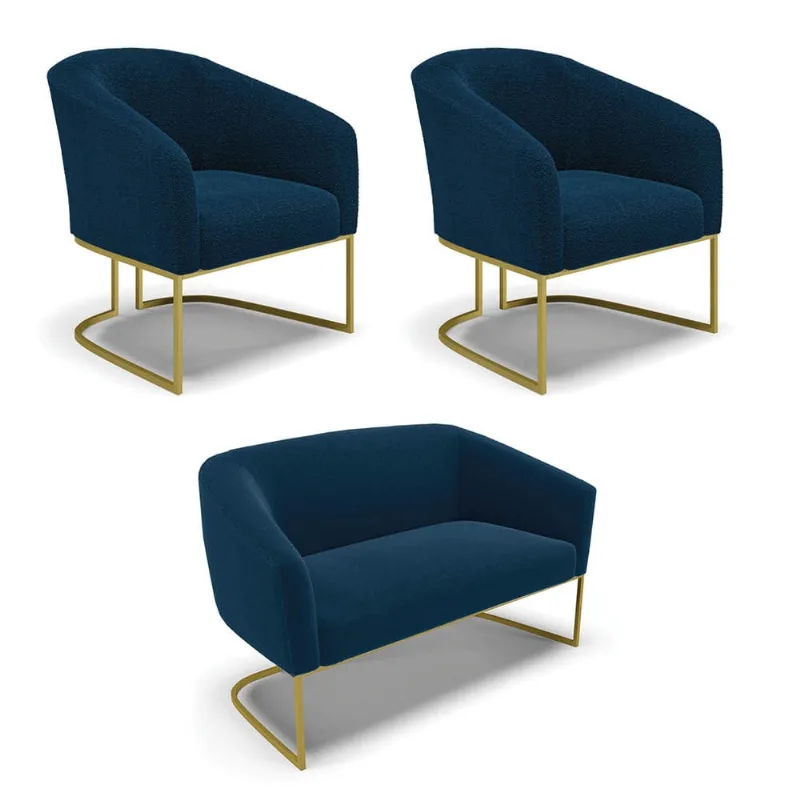 Namoradeira e 2 Poltronas Industrial Dourado Stella Bouclê D03 - D'Rossi Azul