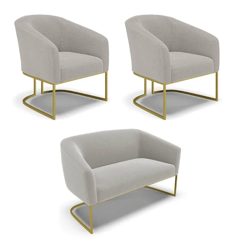 Namoradeira e 2 Poltronas Industrial Dourado Stella Bouclê D03 - D'Rossi Cinza