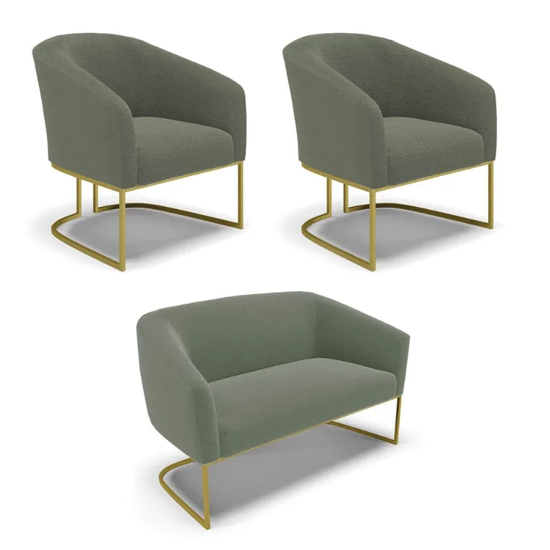 Namoradeira e 2 Poltronas Industrial Dourado Stella Bouclê D03 - D'Rossi Verde Pistache