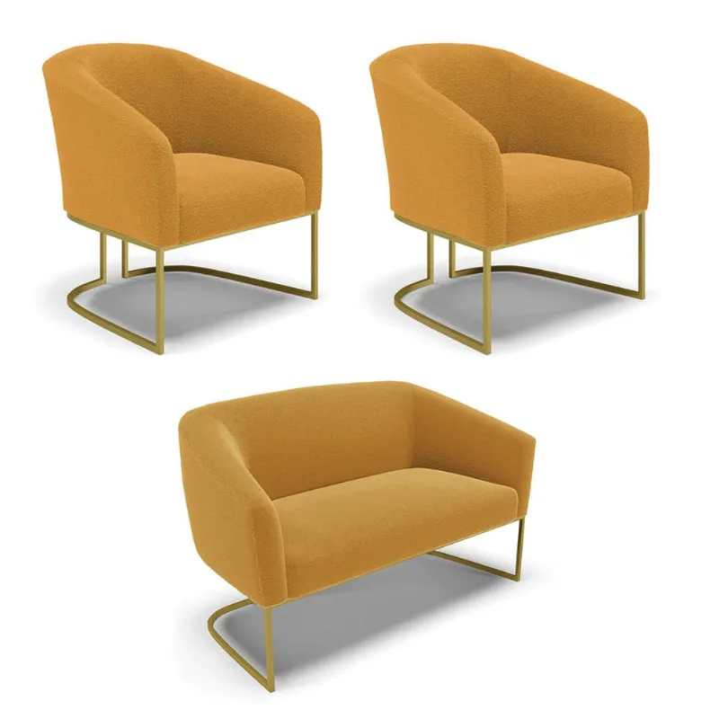 Namoradeira e 2 Poltronas Industrial Dourado Stella Bouclê D03 - D'Rossi Mostarda