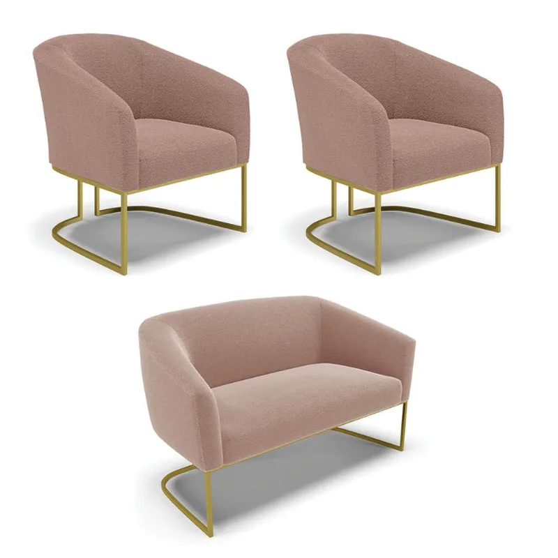 Namoradeira e 2 Poltronas Industrial Dourado Stella Bouclê D03 - D'Rossi Rose