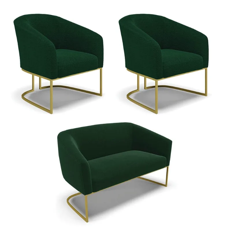 Namoradeira e 2 Poltronas Industrial Dourado Stella Bouclê D03 - D'Rossi Verde