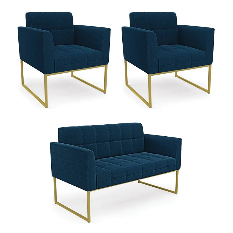 Namoradeira e 2 Poltronas Industrial Dourado Elisa Bouclê D03 - D'Rossi Azul