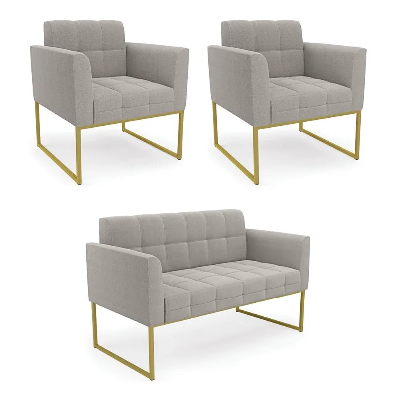 Namoradeira e 2 Poltronas Industrial Dourado Elisa Bouclê D03 - D'Rossi Cinza